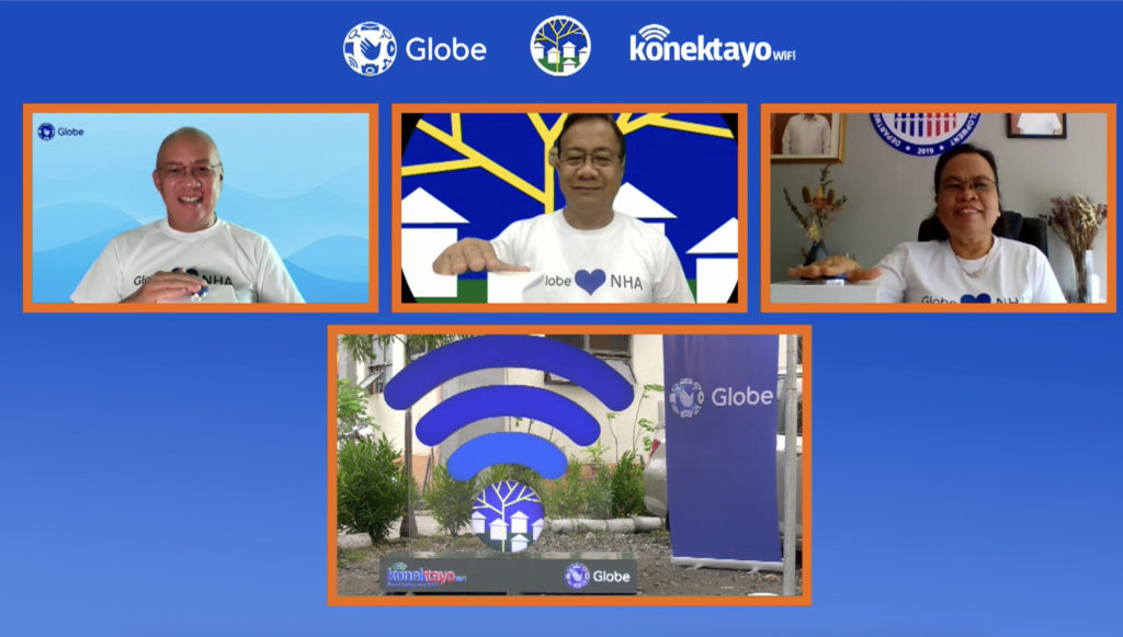 Globe, NHA partnership to benefit over 40K residents nationwide 87 L R Globe CEO and President Ernest Cu NHA Asst. GM Engr. Victor Balba and DHSUD Undersecretary Atty. Marilyn Pintor virtually launches Globe KonekTayo WiFi in NHA.