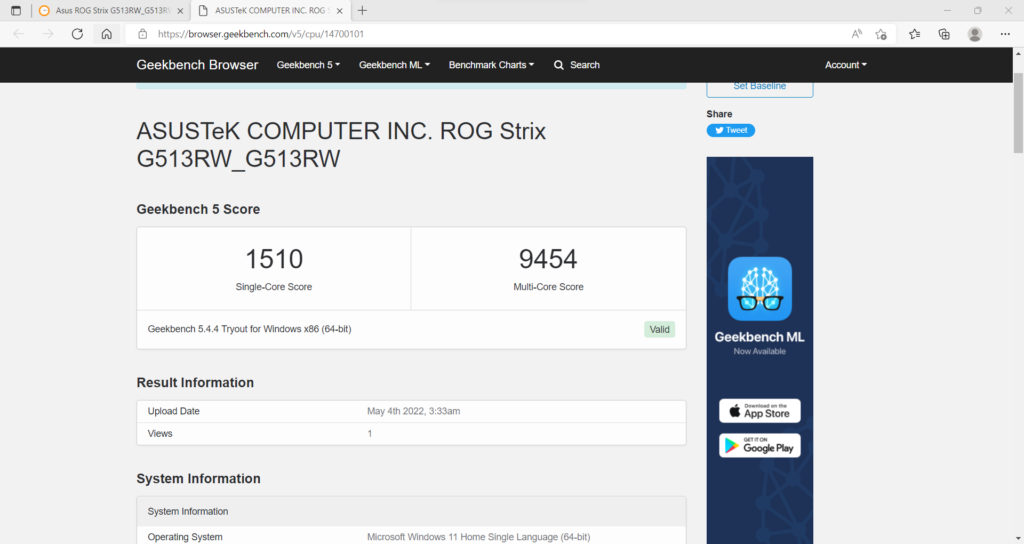 ASUS ROG Strix G15 (G513RW 2022) Review 102 geekbench5 cpu