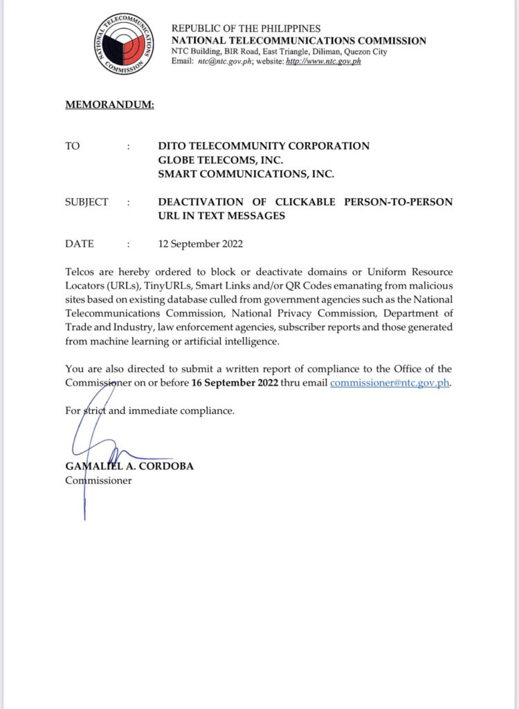 NTC's Order: Deactivate Clickable URLs on Text Messages 88 NTC Memo blocked SMS url