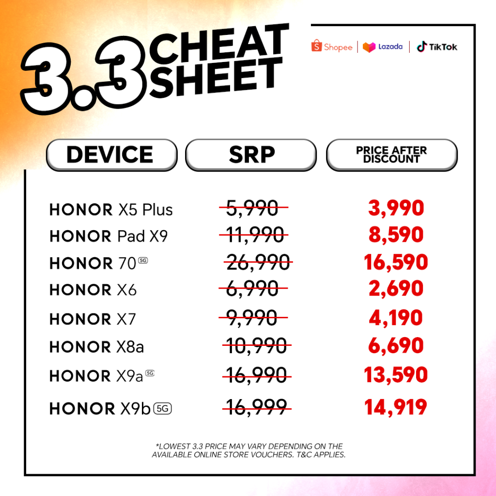 HONOR 3.3 Sale 2024: Freebies and Up to 50% in Discounts 89 Cheat Sheet SQUARE