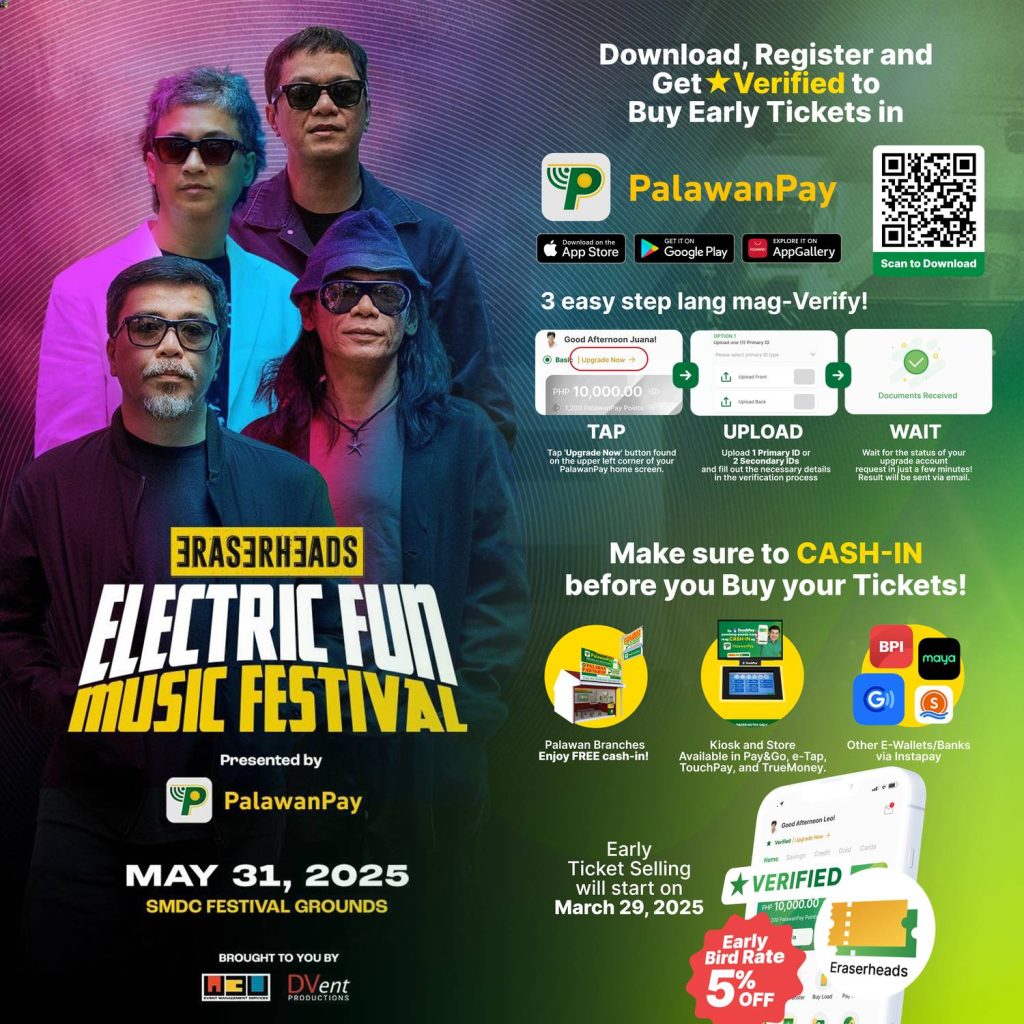 PalawanPay Offers Early Access and Discounts for Eraserheads Concert Tickets 87 Grab Early Bird Tickets for Eraserheads Electric Fun Music Festival — Hassle Free with PalawanPay 1 2