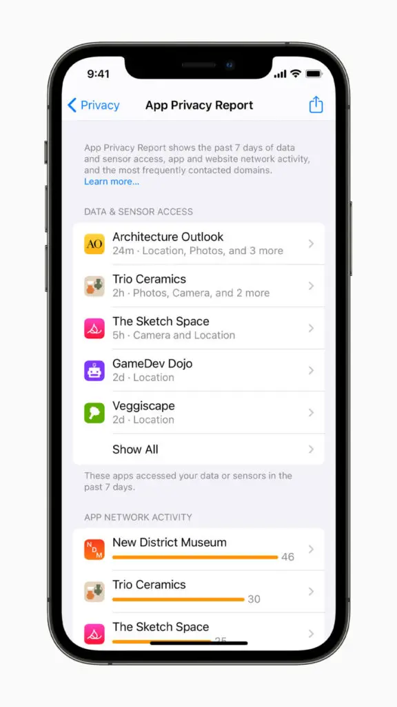 Apple iPhone12Pro iOS15 settings privacy app privacy report 060721
