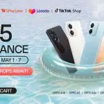 : "OPPO summer promotion with colorful beach scene and smartphone offers.