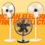 : "Modern white electric fan with blue blades on a wooden table.