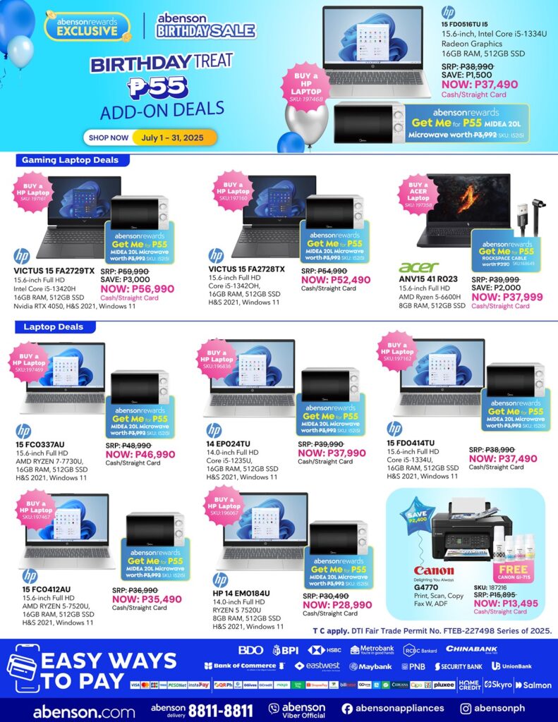 SALE ALERT: Great discounts, freebies await at Abenson's 55th Birthday Sale 90 Laptop Add On P55 P550 P5500 Deals July 1 31