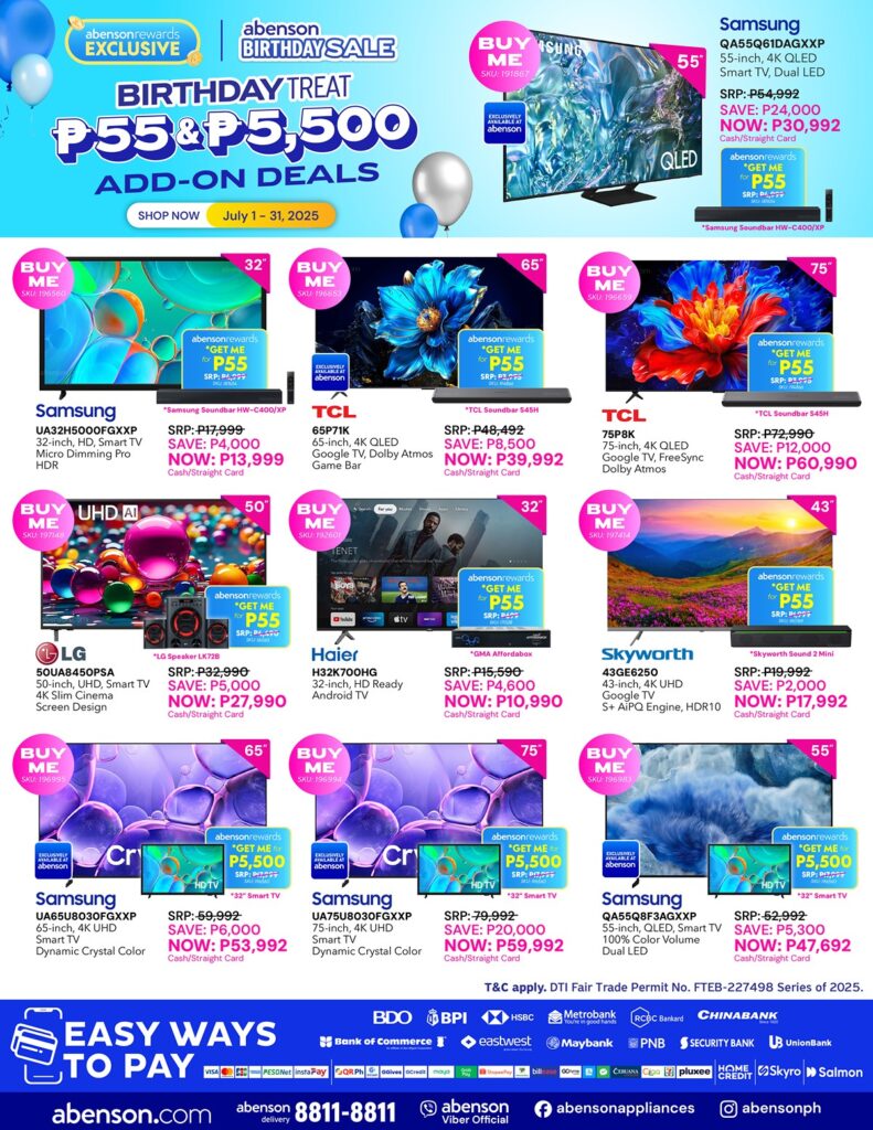 SALE ALERT: Great discounts, freebies await at Abenson's 55th Birthday Sale 92 TV Add On P55 P550 P5500 Deals July 1 31