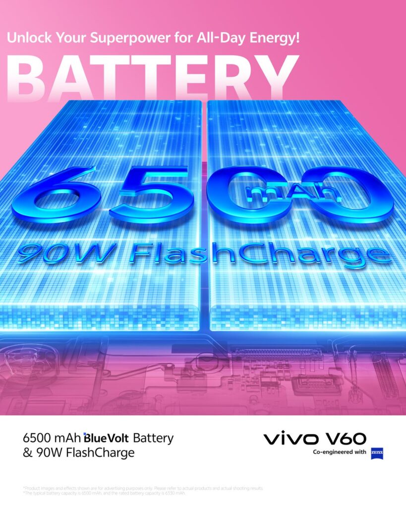 vivo V60 now official in the Philippines, priced 89 vivo V60 6500mAh BlueVolt Battery 90W FlashCharge 1