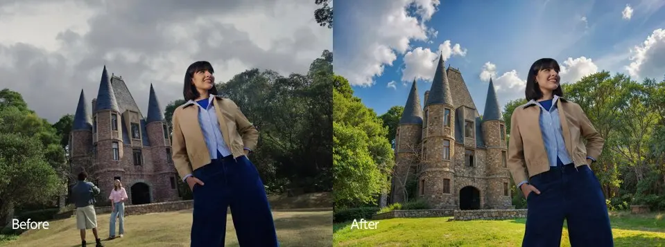 vivo V70 Goes Global with ZEISS Telephoto Camera, 6500 mAh Battery, and OriginOS 6 87 An image enhanced AI Magic Weather composition correction passersby removal